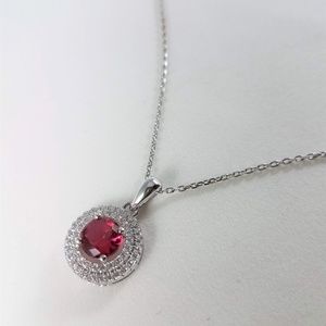 Ruby & Diamond Halo Pendant Necklace 925 Sterling